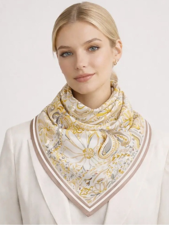 Accessories - Floral Paisley Square Scarf in Yellow and Cream